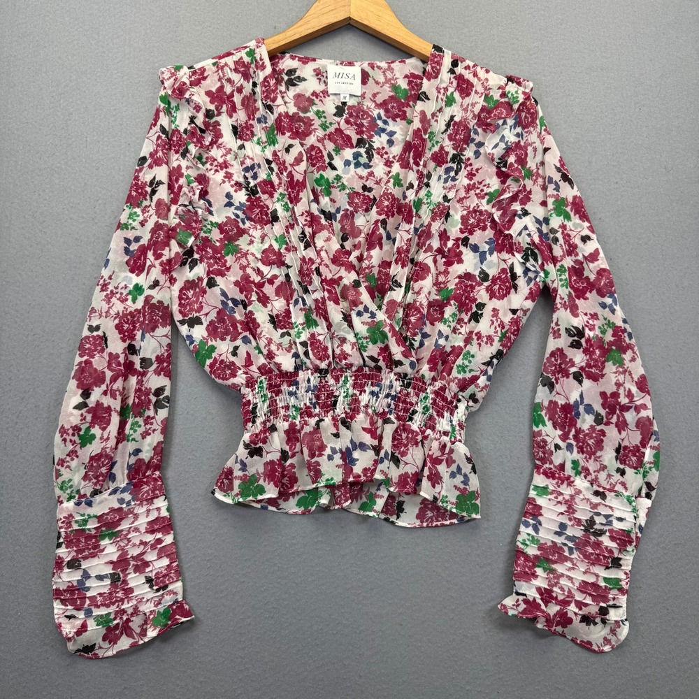 MISA Los Angeles Floral Smocked Peplum Top Pink White V-Neck Long Sleeve Medium